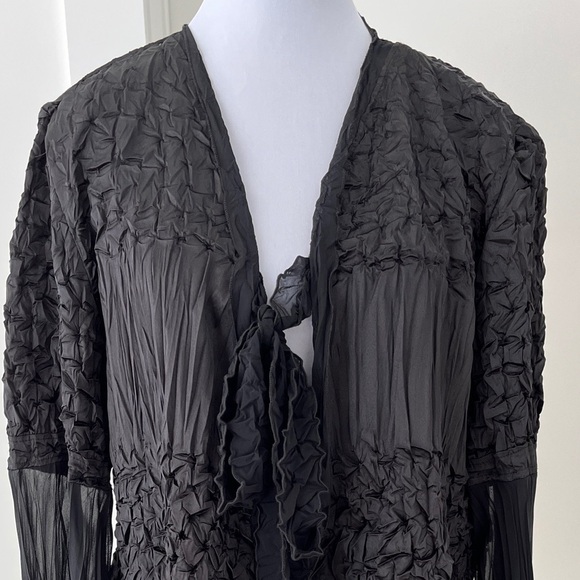 JOSEPH RIBKOFF Sheer Bell Sleeve Tie Front Black Jacket Crinkle High Low Ruffle - Picture 6 of 17
